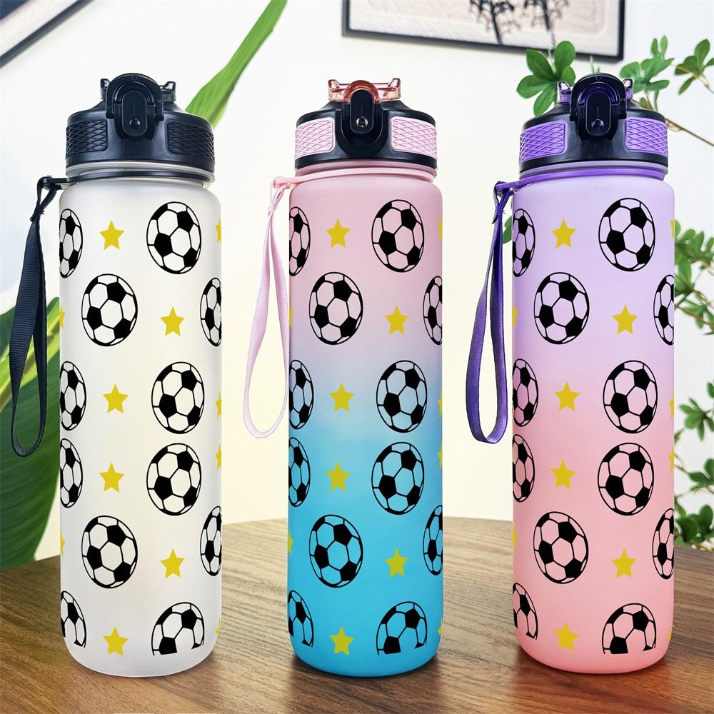 1pc 32oz Sports Water Bottle with Soccer Ball and Stars Pattern, Suitable for Sports, Fitness, Outdoor Travel, Time Marker Outdoor Durable Large Capacity Hiking Water Bottle