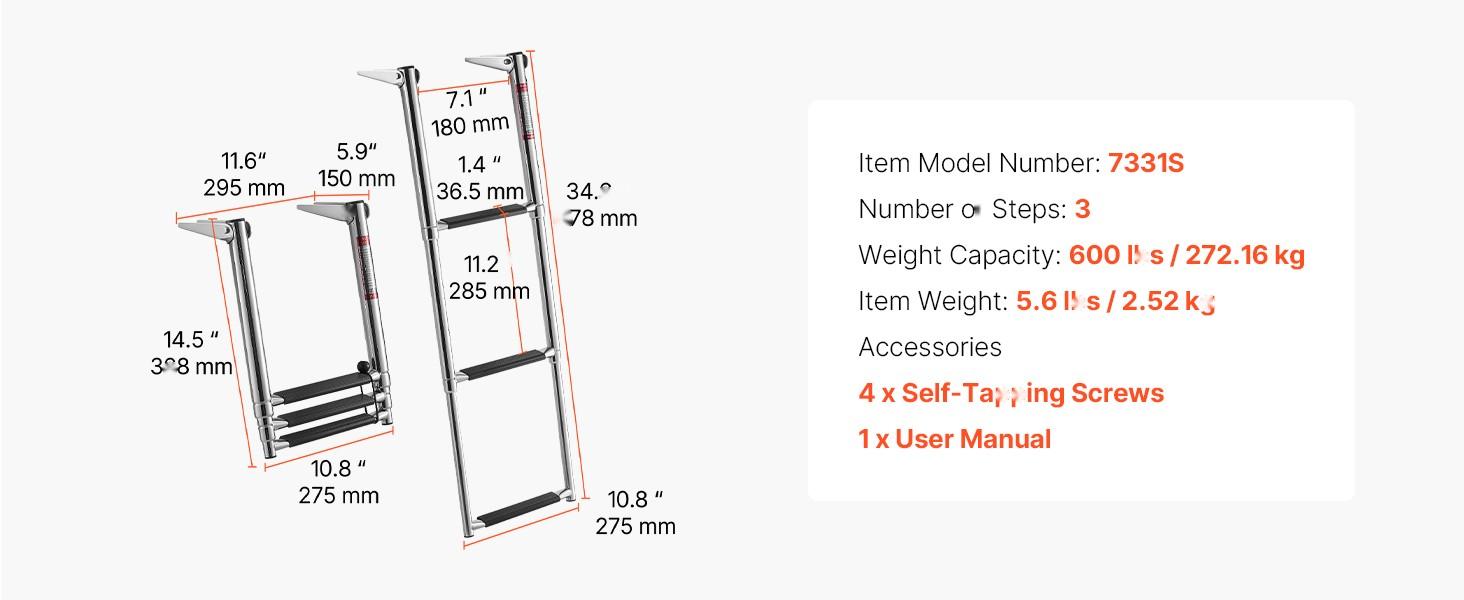 Boat Ladder 3 Steps Stainless Steel Telescoping Folding Swim Deck Ladder for Rear Entry Inboard, Heavy Duty 600 Lbs Capacity with Wide Anti-Slip Steps, Suitable for Outboards, Yachts, Pontoon Boats, Marine Dock Access