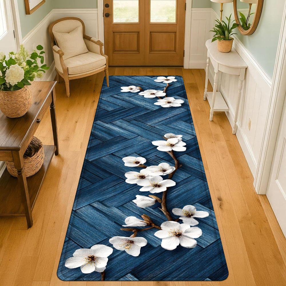 1PC， Blue and White Magnolia Branch Pattern strip rugs, home décor, bathroom mats, entryway mats, bathroom non-slip mats, indoor entrance rugs, bedroom bedside mats, kitchen mats, hallway rugs, flannel sponge rugs, hallway runner rugs