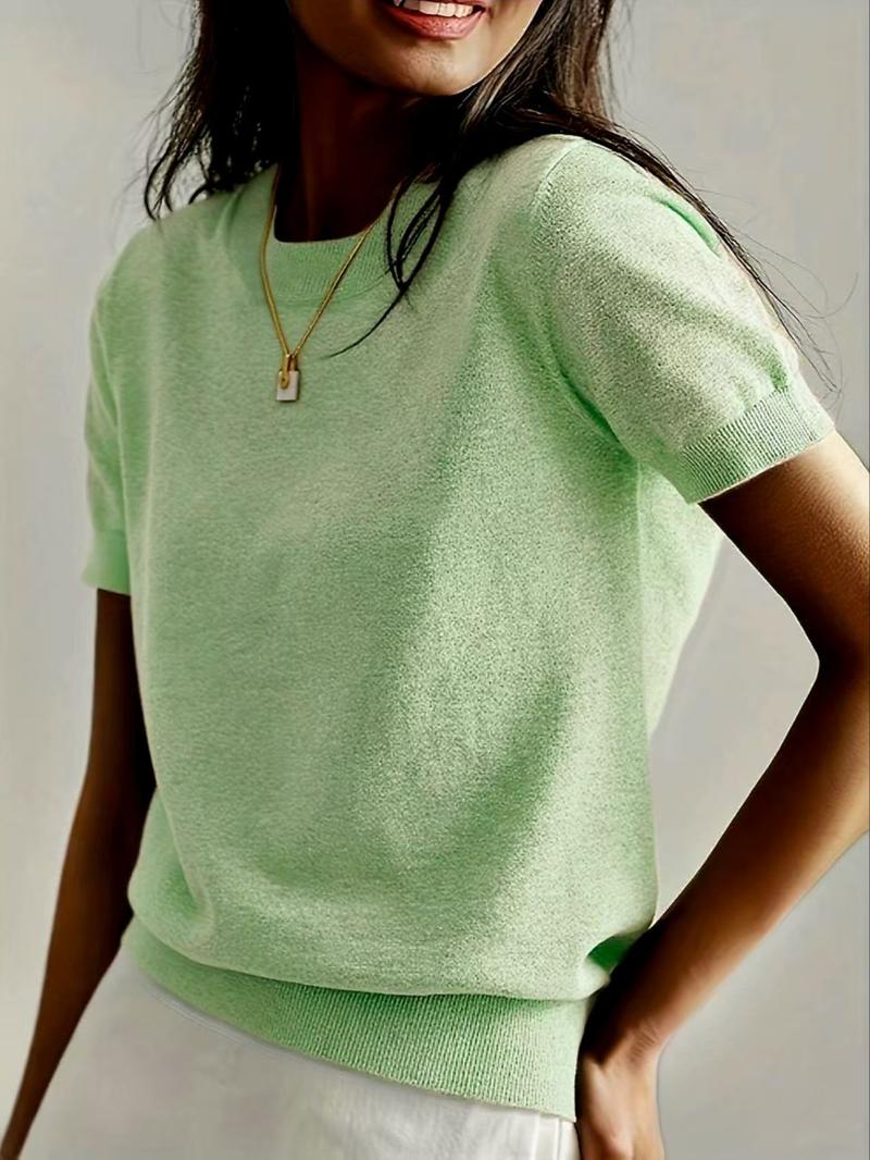 Women's Solid Color Crew Neck Short Sleeve Sweater, Casual Basic Knit Pullover for Spring & Fall, Fashion Women's Knitwear for Daily Wear, Womenswear