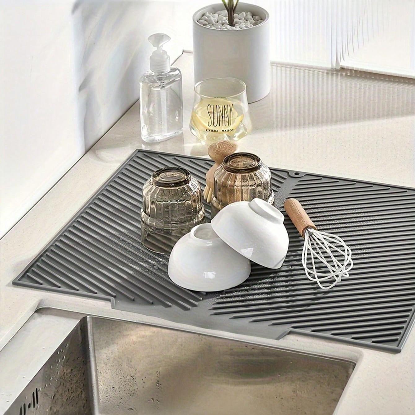 1pc Multifunctional Silicone Kitchen Drain Mat - Non-Slip, Quick-Dry, Heat-Resistant Dish Drying Mat with Water-Control Design, Grey - Ideal for Countertop, Bar & Sink Use
