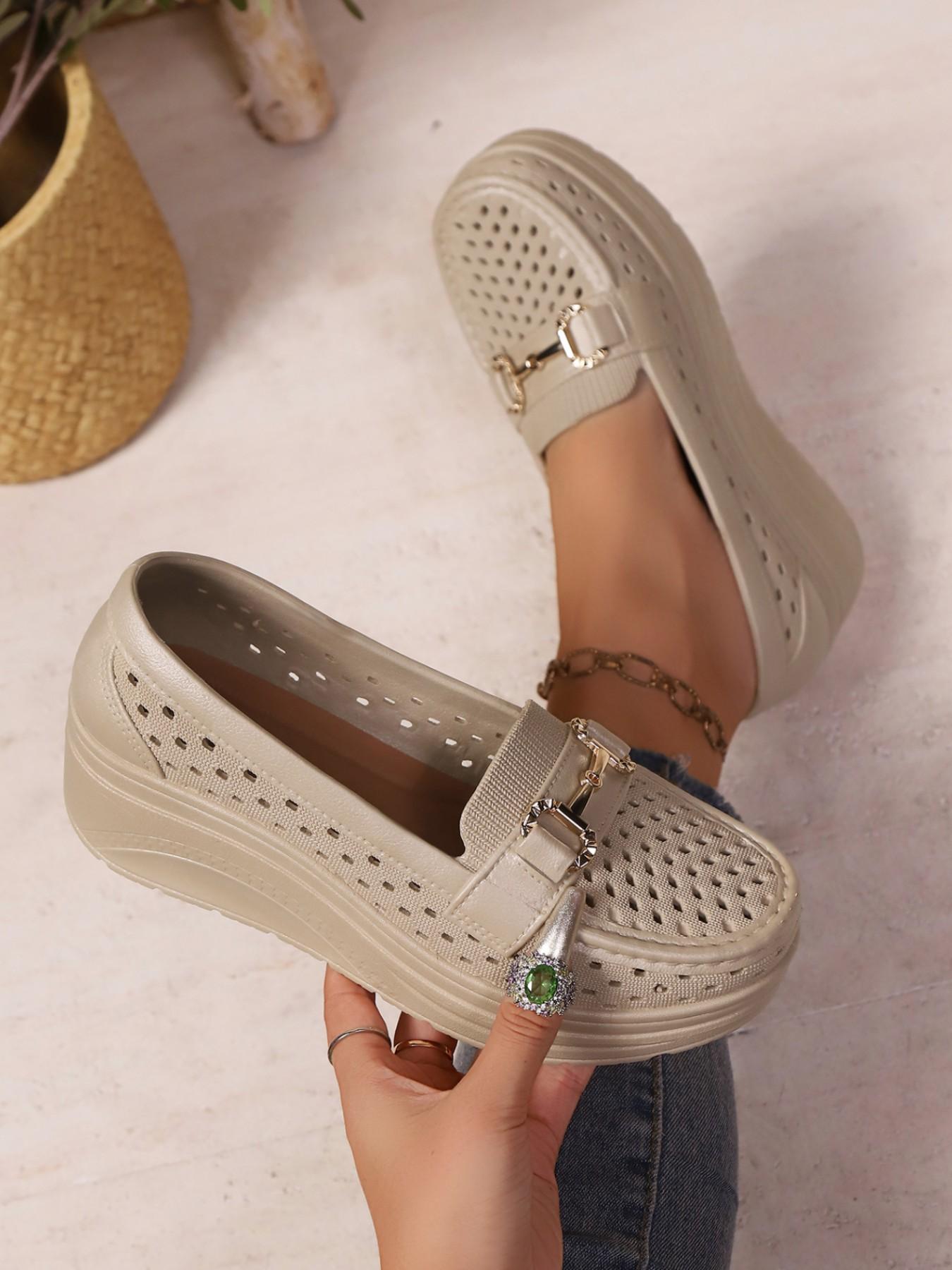 Summer New Metal Buckle, Bowknot, Pearl Decorative Hollow Out Breathable Platform Shoes, Thick Sole Heeled Loafers, Slip-On Lazy Shoes