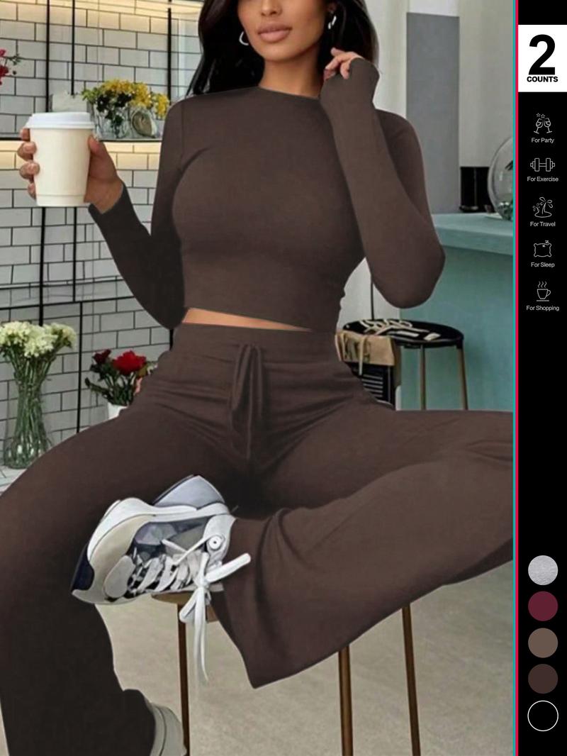 2026 Two Pieces Fall Women Clothes Y2K Sporty Casual Home Solid Color Fitted Long-Sleeved T-Shirt And Long Pants Set
