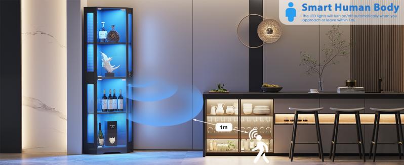 BROTTAR 65" Corner Glass Display Cabinet with LED Lights, 4-Tier Showcase Display Case with Glass Doors & Human Body Sensor for Collectibles, Toys, Liquor, Black/White