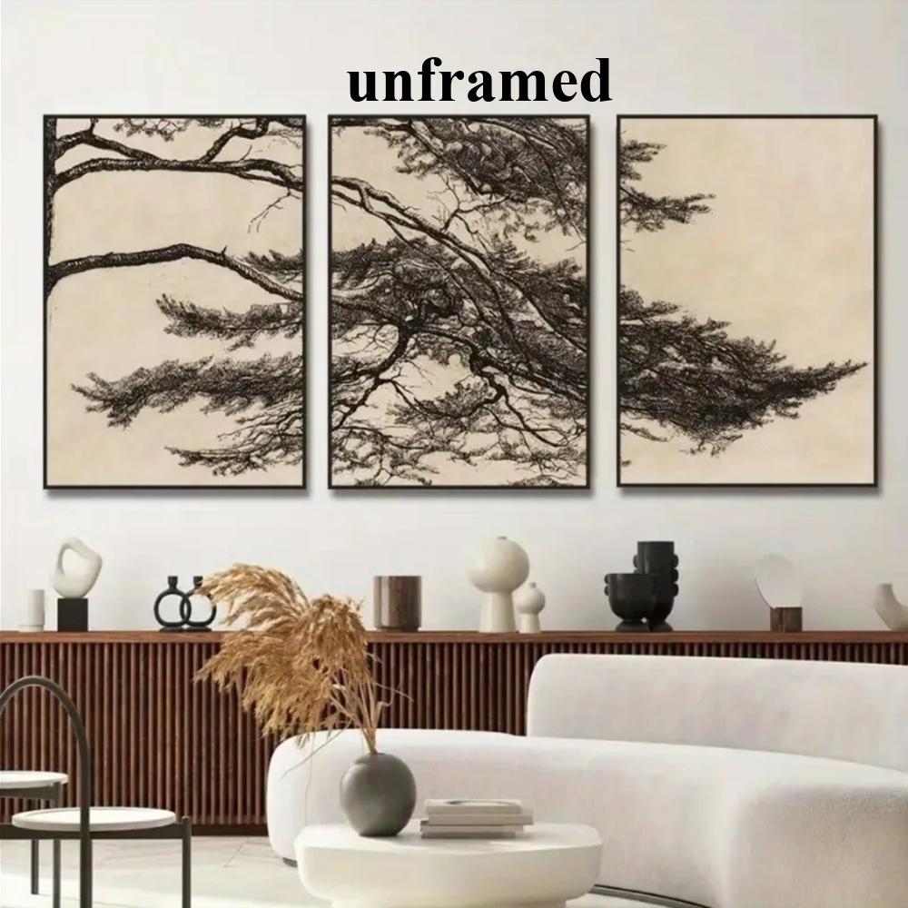 3-Piece Optional Wooden Frame Vintage Pine Tree Branch Botanical Art Poster High Grammage Moisture-proof Micro-spray Flat Surface No Color Difference Home Wall Decor
