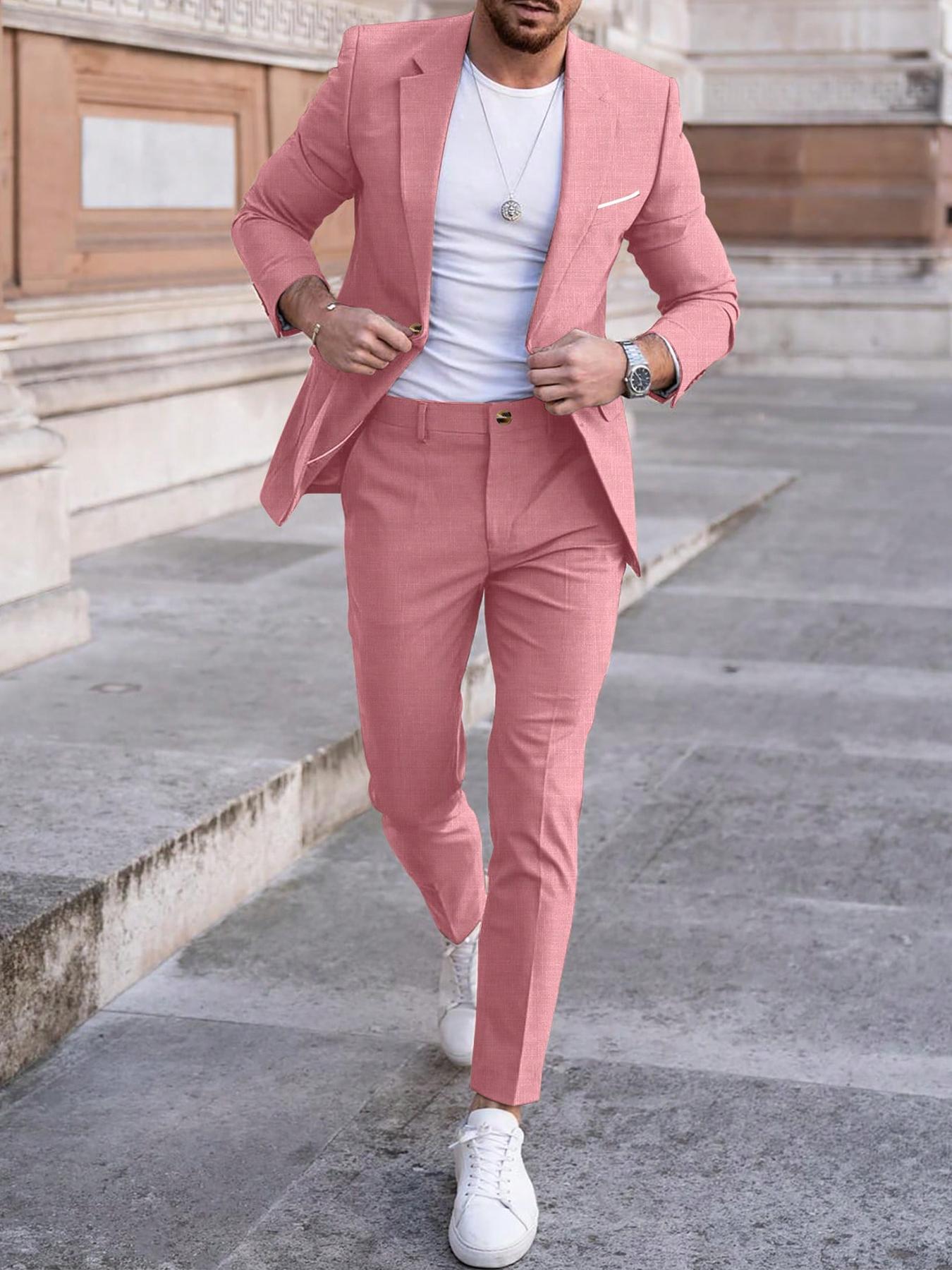 Men's Solid Color Suit Set, Slim Fit Formal Casual Comfy Breathable Business Blazer & Pants for Work Office, Men's Clothing for All Seasons, Menswear