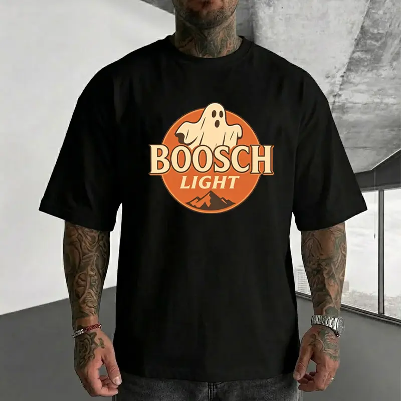 Halloween Ghost Boosch Light Graphic T-Shirt Men Retro Spooky Print Short Sleeve Tee Casual Loose Crew Neck Streetwear Tshirt