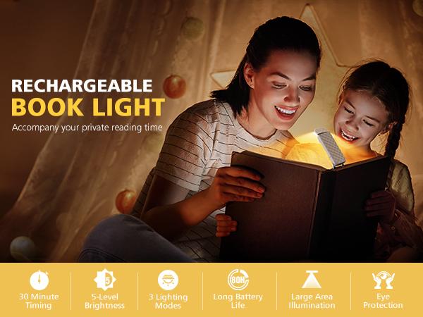 Rechargeable Reading Light with Auto Timer, 3-Colors & 5 Brightness Levels, Bookmark Clip-On LED Book Lamp, 80H Battery Life for Bedtime Reading