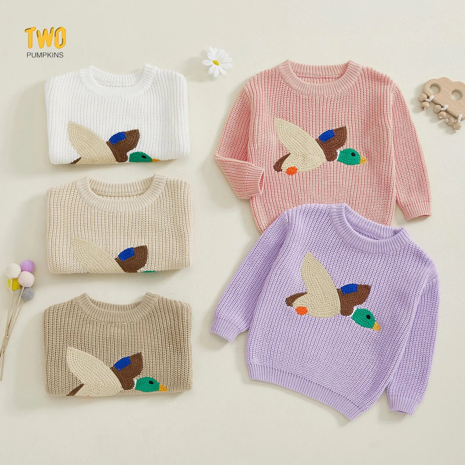 Baby Boy Girl Cute Long Sleeve Duck Embroidery Chunky Knitted Sweater Top Toddler Fall Winter Outfit