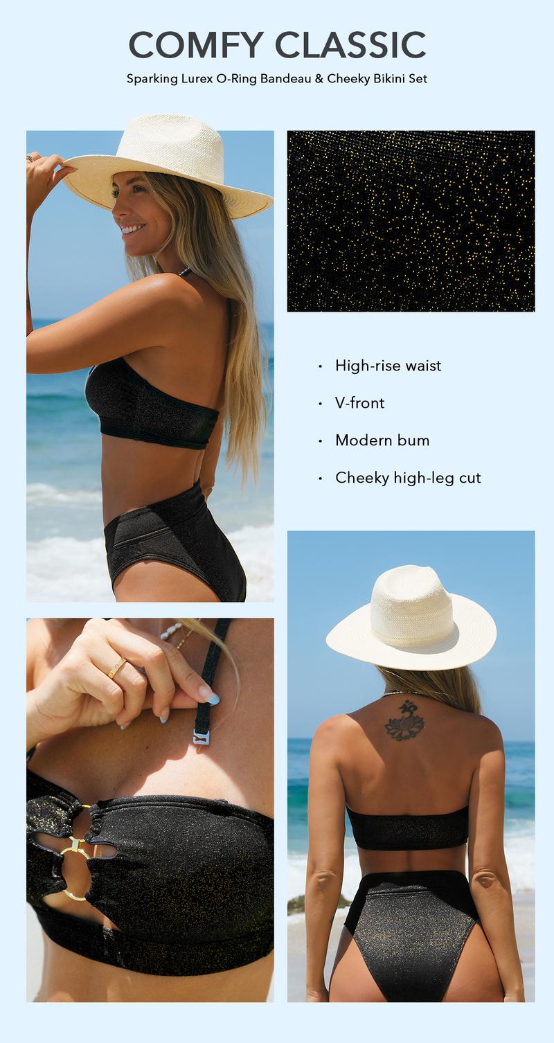 CUPSHE 【Valentine's Day】 Sparking Lurex O-Ring Bandeau & Cheeky Bikini Set Casual Beachwear V Front High Rise Waist Swimwear Swimsuit Summer Pool Party Bathing Suits