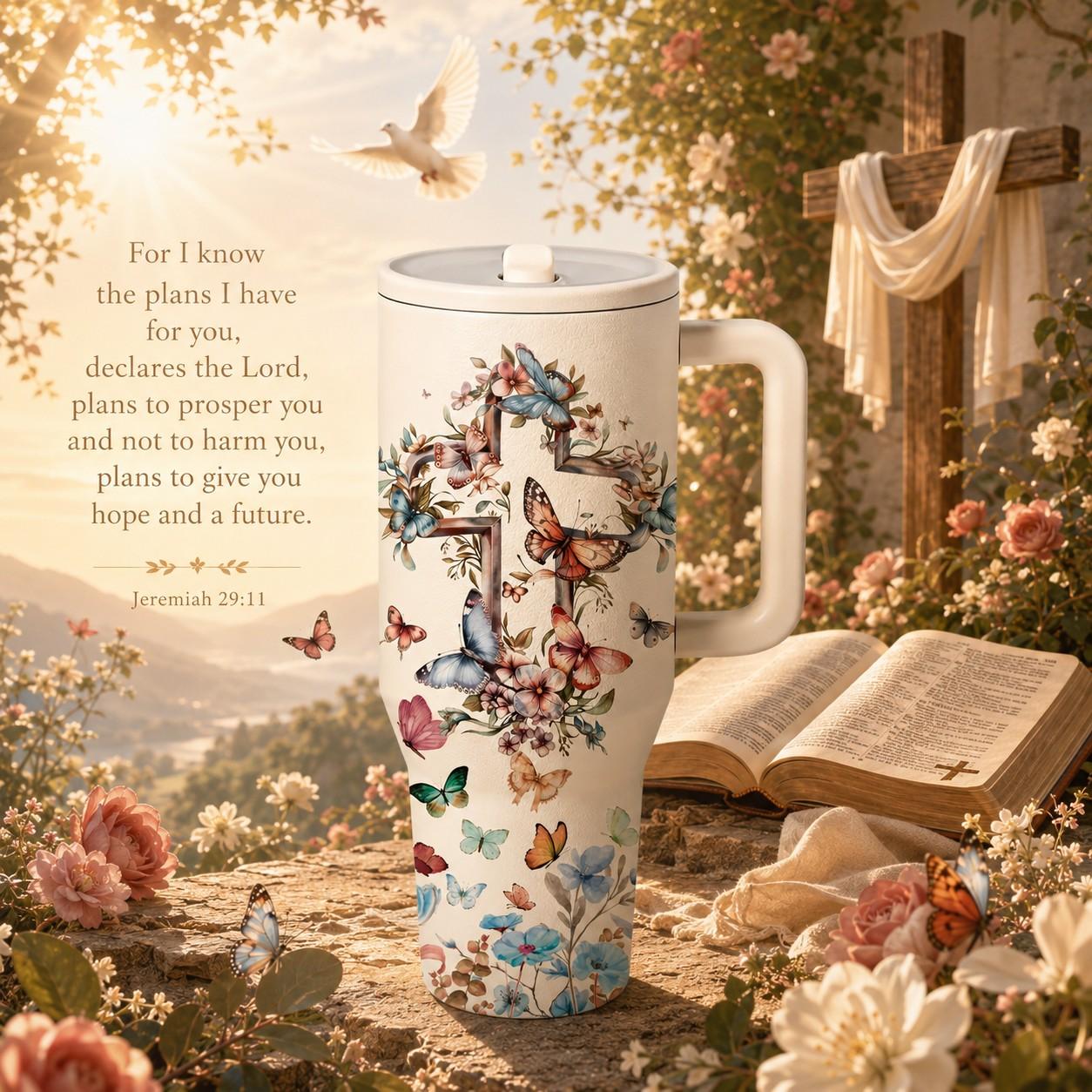 1 Pc 40oz insulated mug Tumbler, Christian Bible verse floral cross butterfly design, double wall vacuum insulated, leak proof lid with handle, keeps hot 12 hours and cold 24 hours, for hot cold drinks, office travel gym, faith gift for women men, holiday