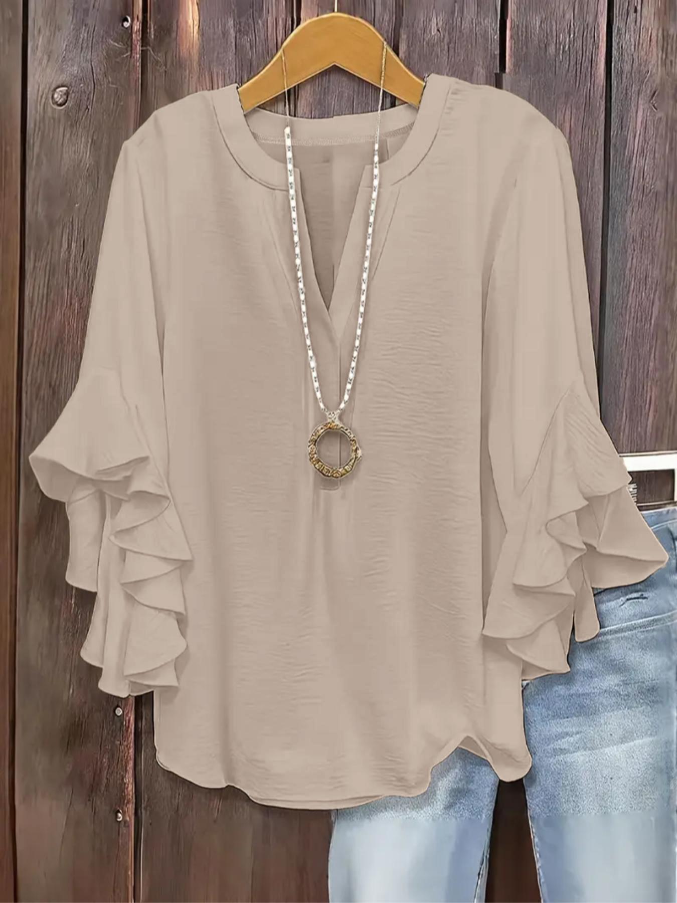 Plus Size Women's Ruffled Sleeve Notched-Neck Fitted Blouse Shirts, Elegant Comfortable and Stylish Solid Color Top, Perfect for Everyday Casual Wear