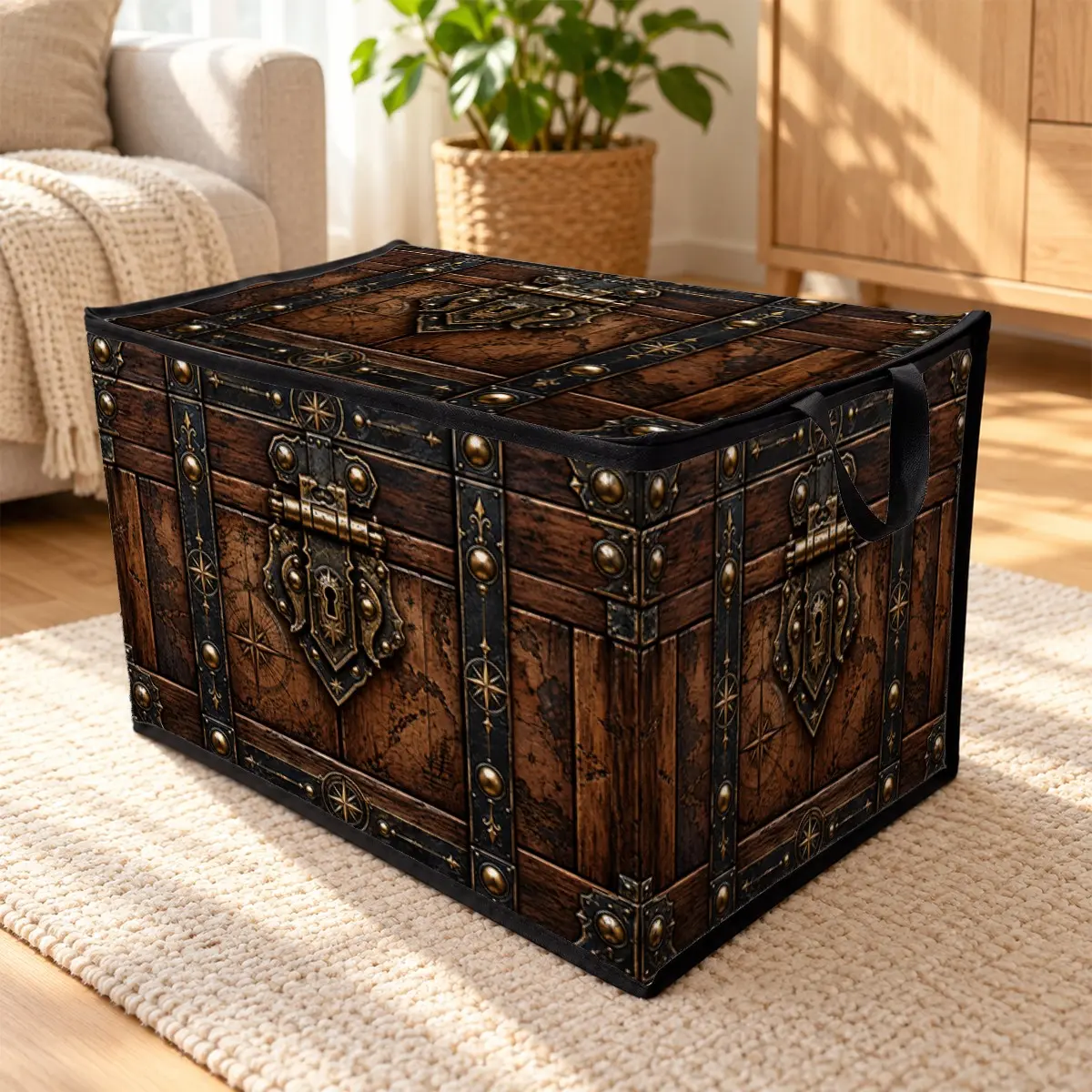 Vintage Wooden Treasure Chest Storage Box, Pirate Map and Compass Brass Accents, Decorative Organizer for Home and Office, Home Decor Organiser