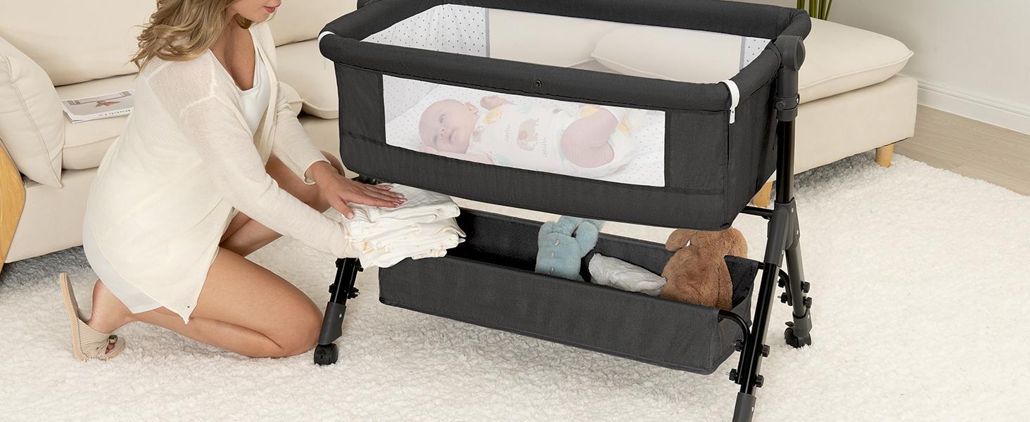 Baby Bassinet,  Crib for Infant and Newborn, Bedside Sleeper with Storage Basket and Mosquito Net, Easy to Fold, Height Adjustable, Portable Side Bed Crib