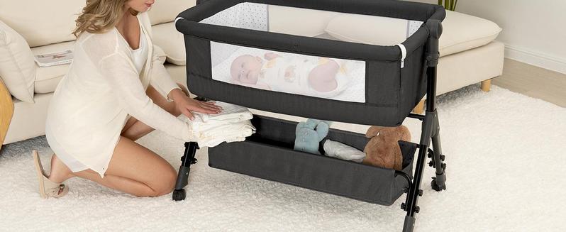 Baby Bassinet,  Crib for Infant and Newborn, Bedside Sleeper with Storage Basket and Mosquito Net, Easy to Fold, Height Adjustable, Portable Side Bed Crib
