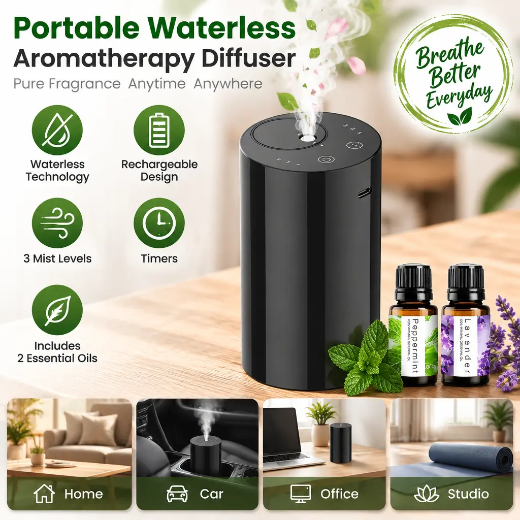 Rechargeable Waterless Aromatherapy Diffuser, Portable Scent Machine with 3 Mist Settings & Timer, 2 Essential Oils Included