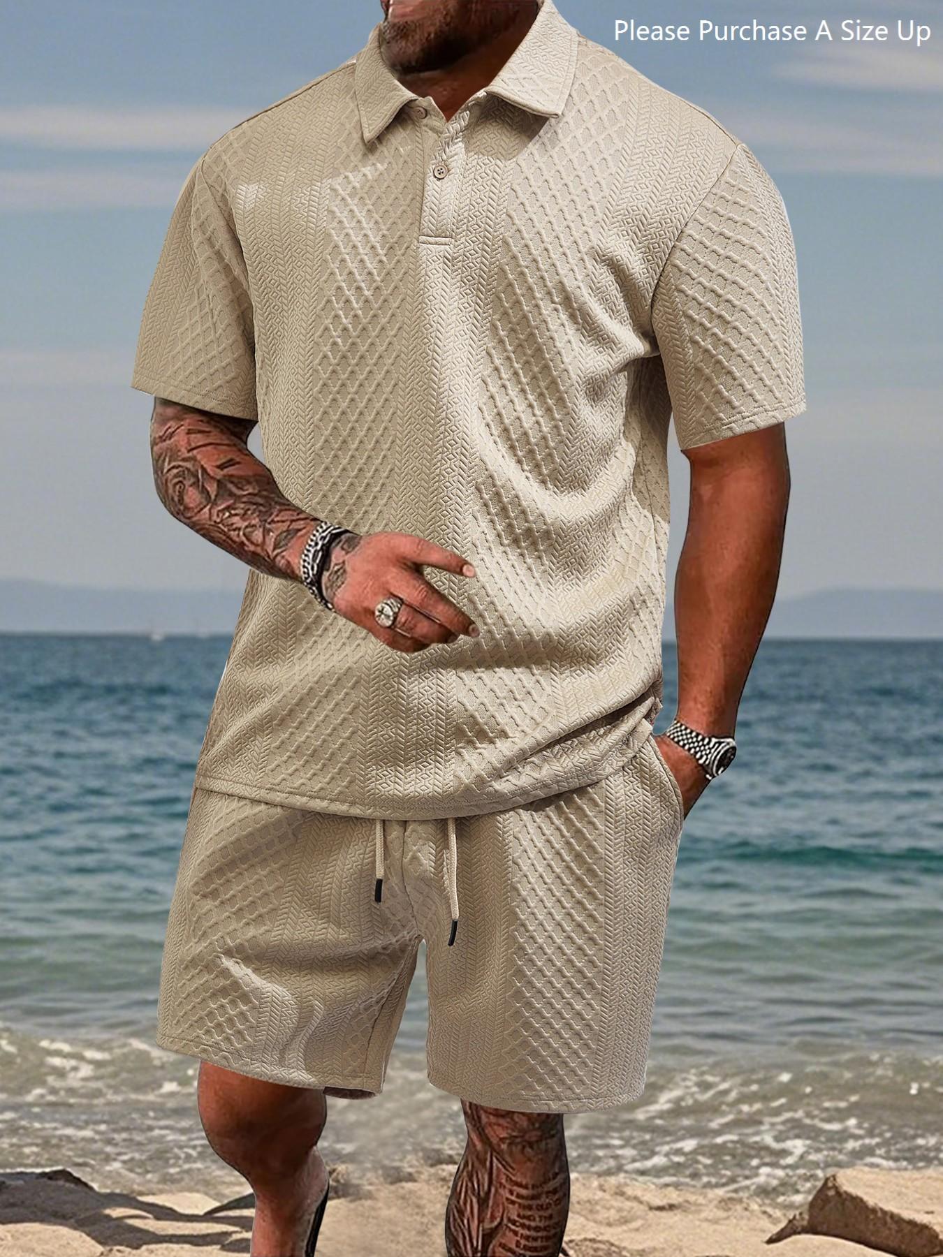 Please Purchase A Size Up. Men's Solid Polo Shirt & Drawstring Waist Shorts Set, Cozy Breathable Two-piece Outfits for Daily Outdoor Wear, Men Clothes for Summer. Please Purchase A Size Up. Men's Solid Polo Shirt & Drawstring Waist Shorts Set, Cozy Breathable Two-piece Outfits for Daily Outdoor Wear, Men Clothes for Summer.