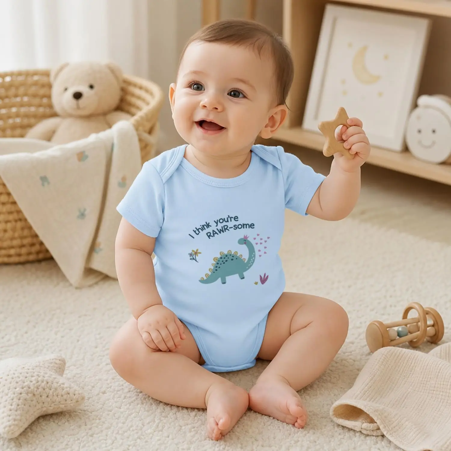 Unisex Baby Pure Cotton Clothing "RAWR-some" Graphic Slogan Bodysuit, 0-24M Short Sleeve Crew Neck Stretchy Jumpsuit with Easy Snaps for Summer Everyday Wear, Stretchy Fit, Unisex Wear, All Seasons, Moisture Wick