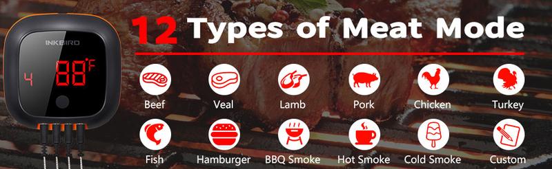 Inkbird Meat Thermometer，Bluetooth Wireless Grill BBQ Thermometer,150 ft Barbecue Cooking Kitchen Food Meat Thermometer for Smoker, Oven, Drum with 4 Probes,  Wireless APP Control, Alarm Timer