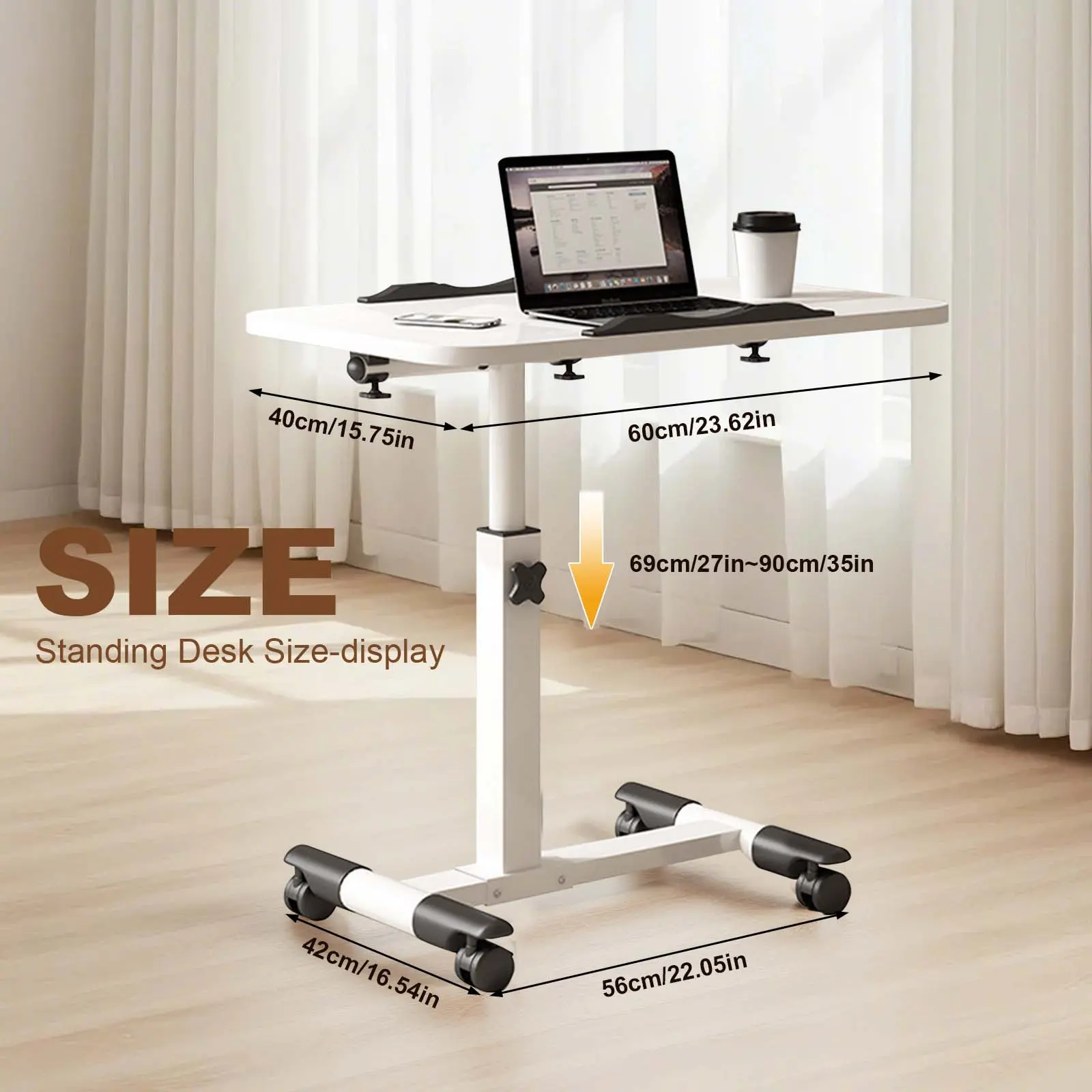 Adjustable Height Overbed Table with Casters, Foldable Rolling Side Desk, Portable Laptop and Standing Workstation for Home Office