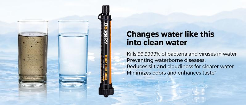 BougeRV Outdoor Water Filter,Portable Emergency Water Straw -Personal Water Filter For Hiking,Camping,Fishing,Lightweight & Compact Design Outdoor Euipment，2 Counts