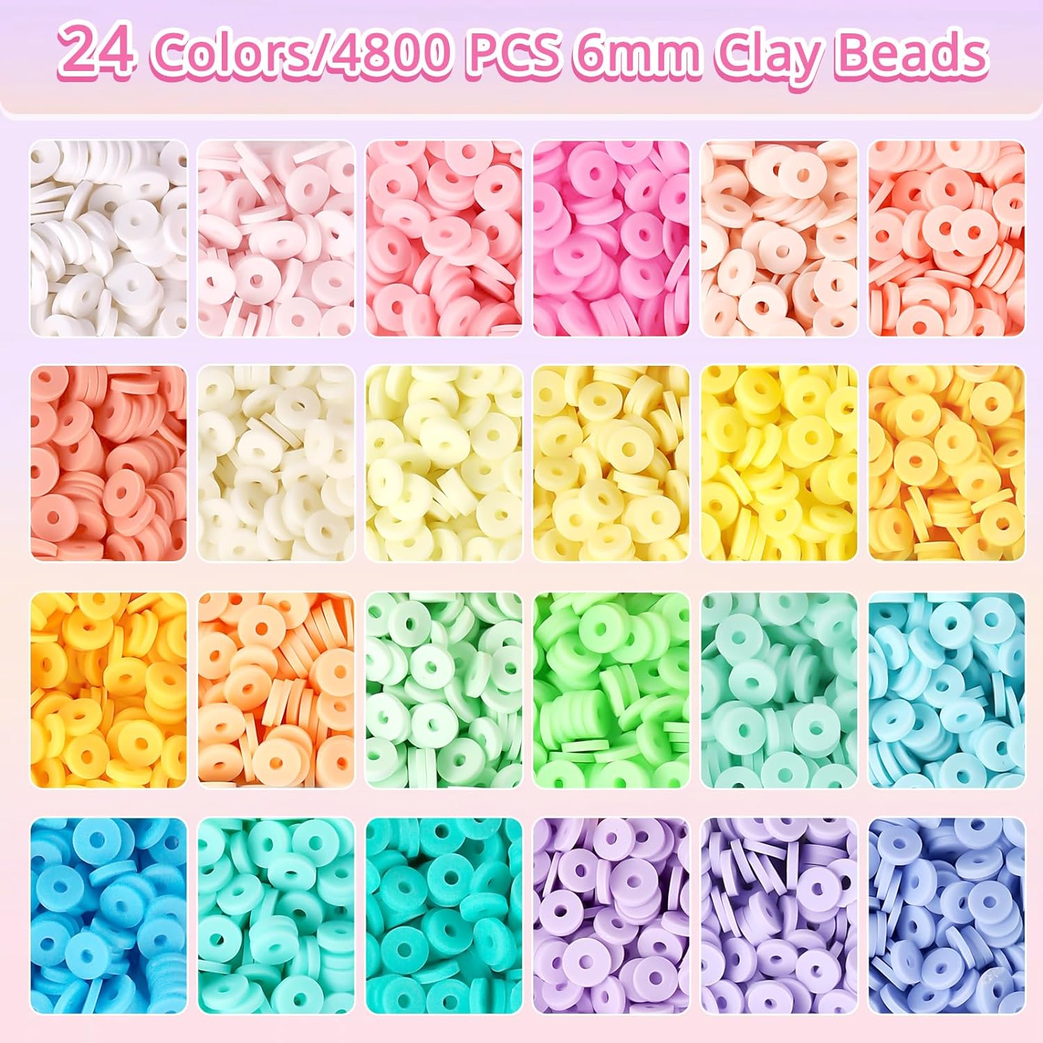 5800 Counts FUNTOPIA bead set, 6mm Heishi beads for bracelets with 624 Counts 24 set A - Z letter beads, 72 Counts polymer clay beads, 320 Counts  charms kit for rings necklaces gift (5800+Counts)