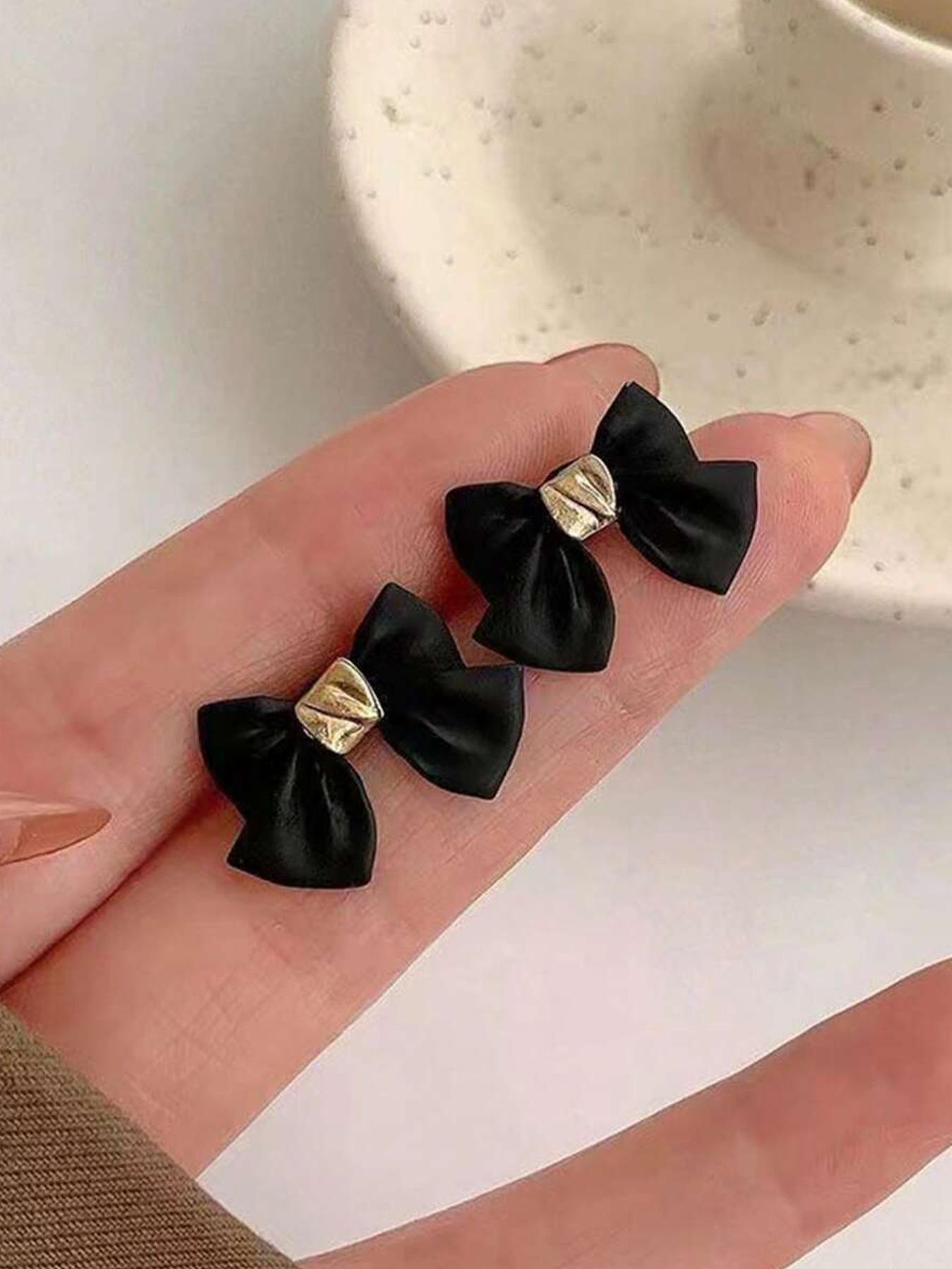 5 Pairs Vintage Unique Black Camellia Flower Bow Star Shape Faux Pearl Geometric Stud Earrings Set, Ear Studs, Minimalist Elegant Quality Fashion Earrings Jewelry Suitable For Women Everyday And Holiday Wear, Stud Earring Sets