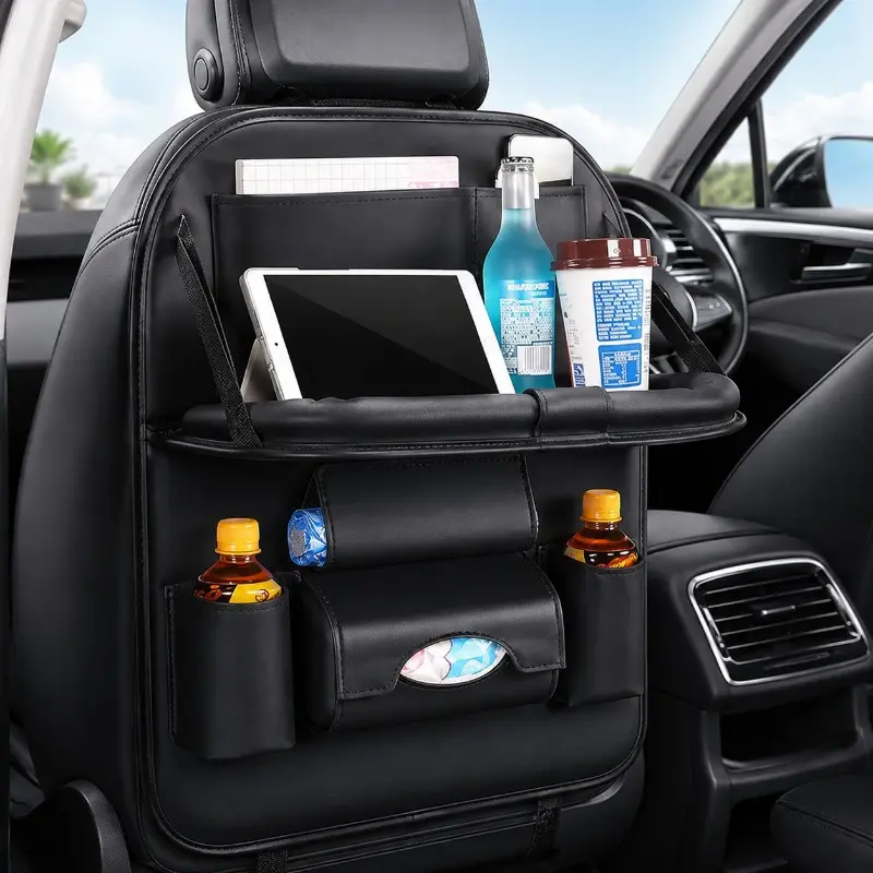 Car Seat Back Organizer with Foldable Table Tray PU Leather Storage Organizer with Pockets Kick Mats Seat Interior Accessories