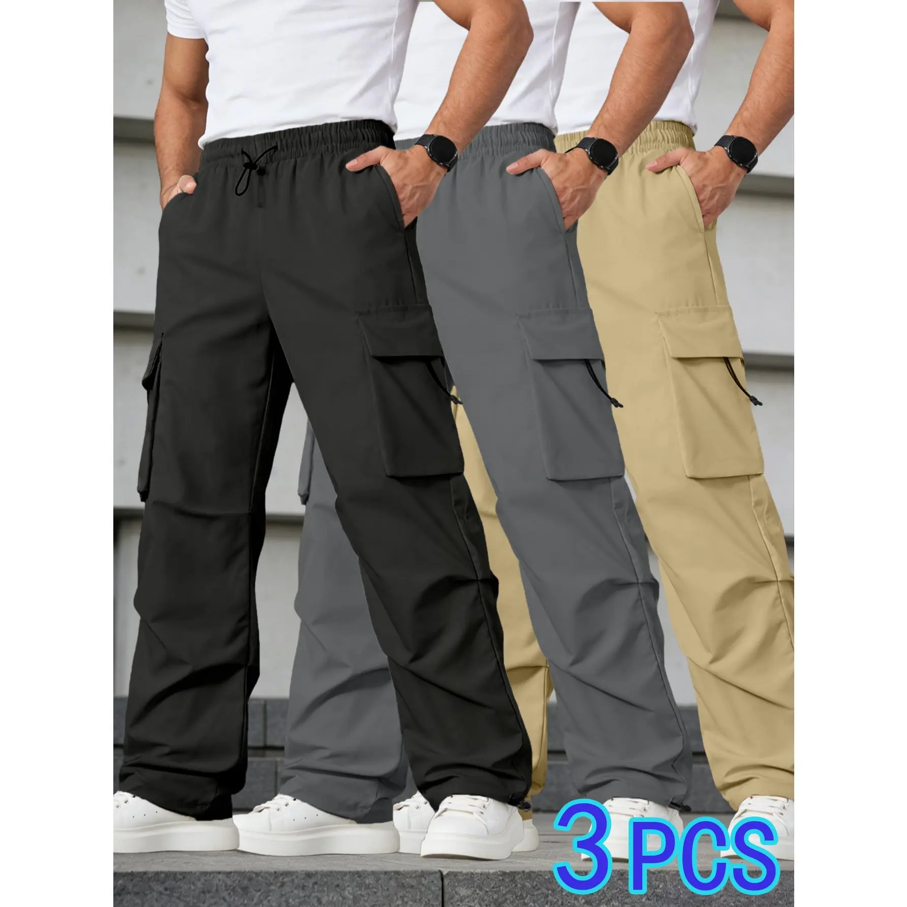 3‑Pack Men Cargo Pants Multi‑Pocket Drawstring Elastic Waist Loose Straight Casual Outdoor Trousers Multi‑Solid Color,multi pocket trousers, drawstring waist,loose fit pants, men casual trousers, outdoor work pants, straight leg cargo pants