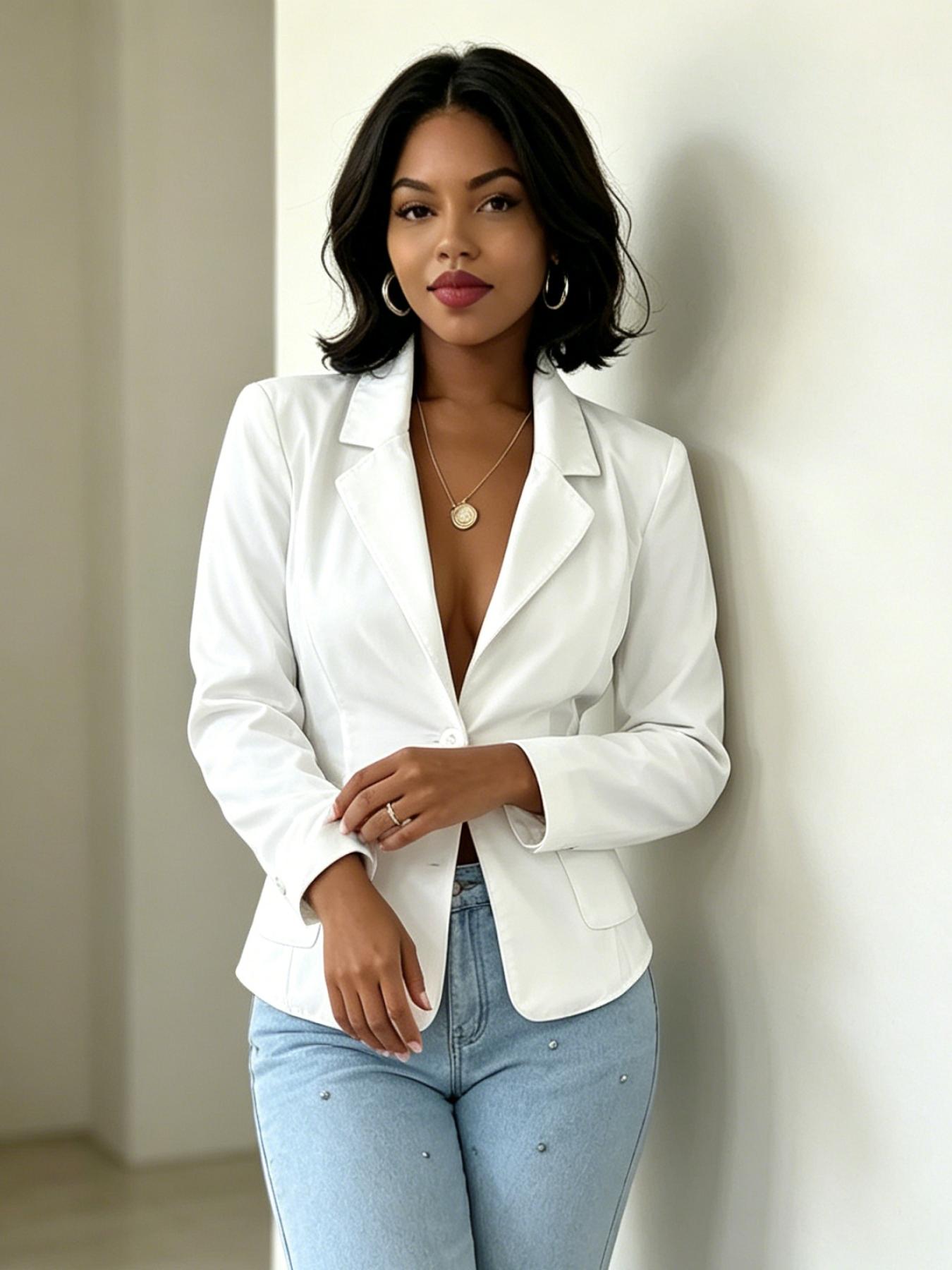 A ladies' pure white satin waist-cinched blazer, Chic, Elegant, with back lacing design, featuring a slim-fitting silhouette, open-back crossover tie detail, smooth lightweight breathability, suitable for daily wear, outings, and indoor or outdoor styling