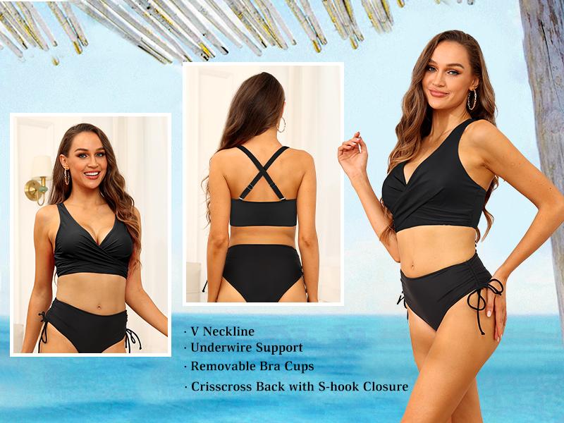 Hilor Women's Underwire Bikini Tops Push Up Criss Cross Swim Top Swimsuit Sexy V Neck Bikini Bathing Suit Top Only#outdoorfun