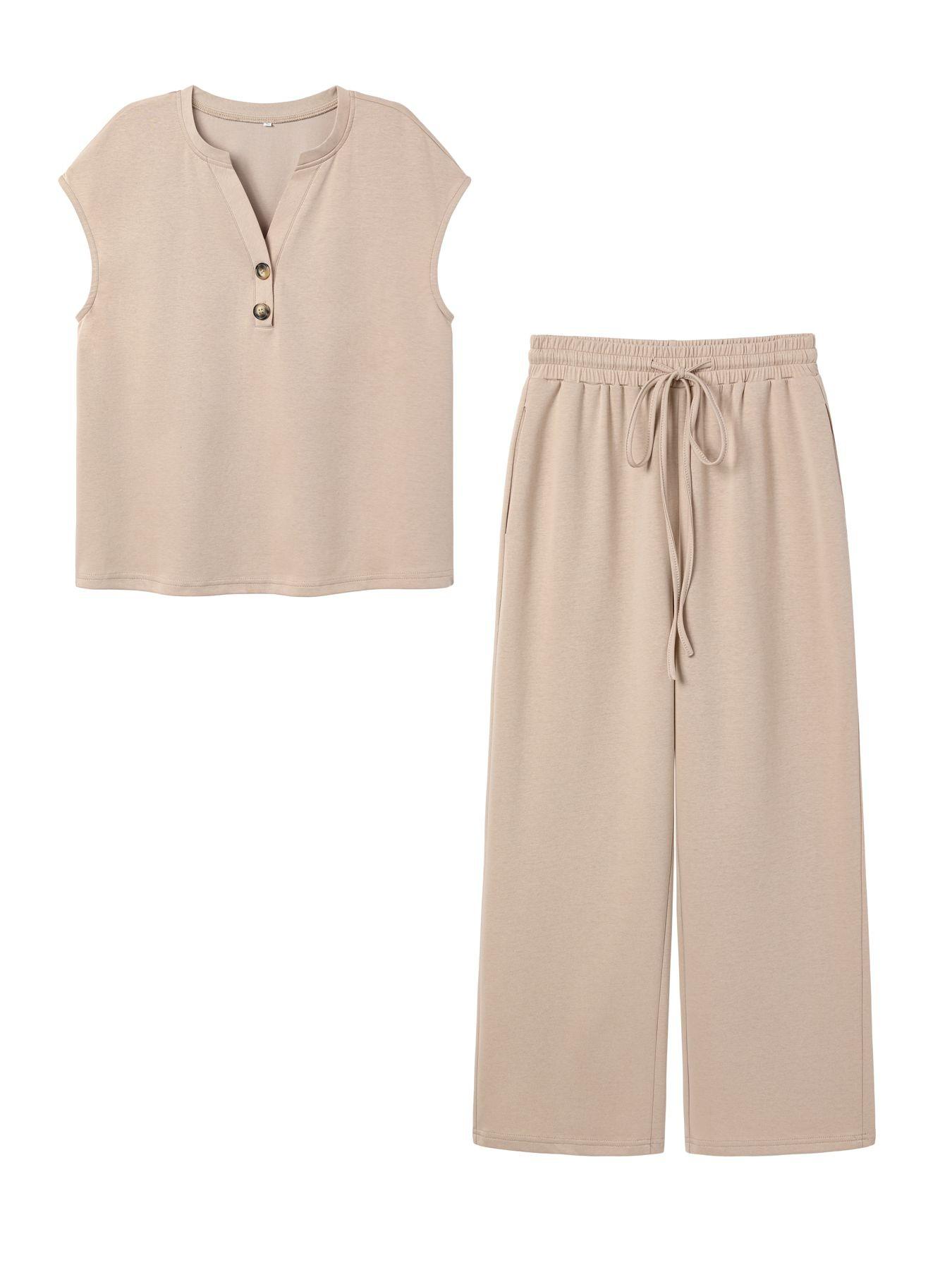 Women's Summer Casual 2-Piece Set, Short Sleeve Button Top & Elastic Waist Pants, Breathable Fabric, Home Wear, Daily