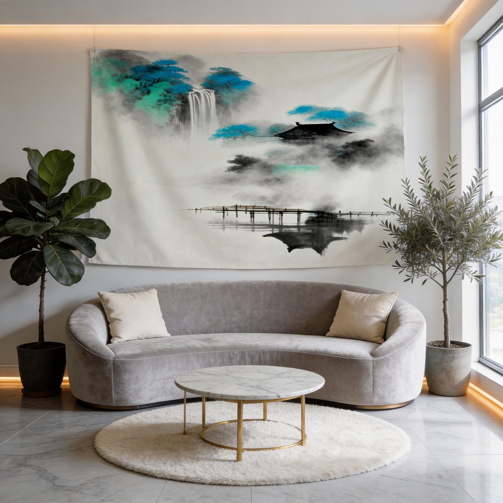 1 Piece Asian Ink Wash Mountain Landscape Printed Tapestry, Ink Wash Style Wall Hanging, HD Digital Print Living Room Bedroom Wall Tapestry, Fadeless Machine Washable Wall Decor, Multi-Purpose All-Season Tapestry for Living Room Bedroom