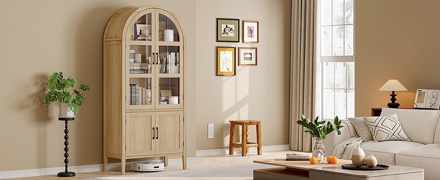 【SPOTLIGHT DAY】ONBRILL 71" Tall Arched Cabinet, 5-Tier Arched Kitchen Pantry with Glass Doors & Shelves, Modern Display Arch Cabinet with Adjustable Feet, Wooden Pantry for Living Room, Dining Room