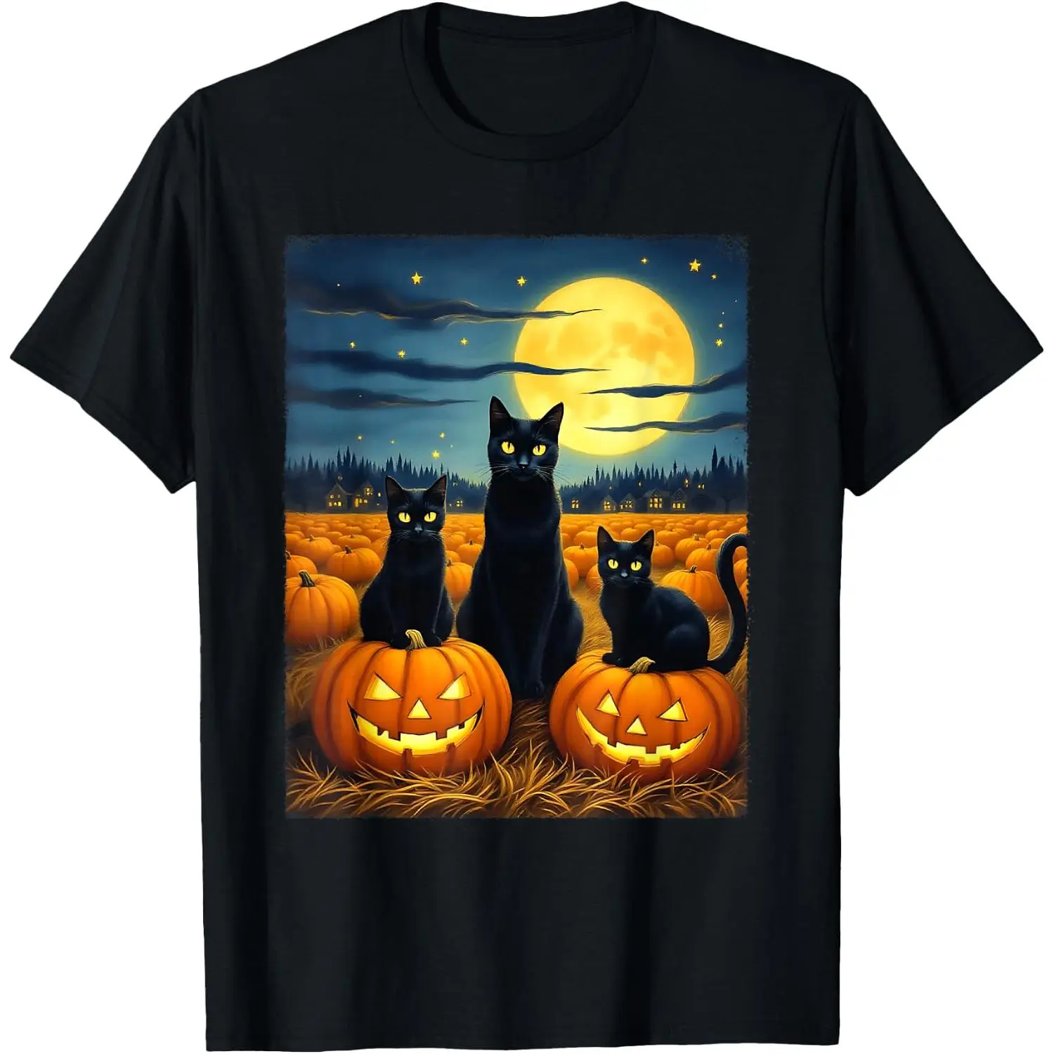 Women's Short-Sleeve Fabric T-Shirt, 3 Black Cats Pumpkin Patch Halloween Jack-O-Lantern Style Top, 1-Piece Women's Top