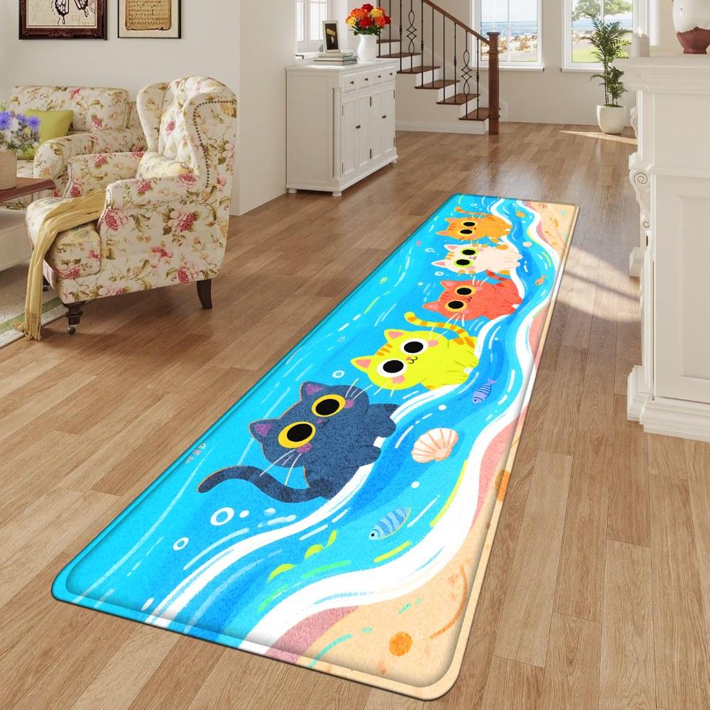 1PC， Colorful Cats on the Beach Patterned strip rugs, home décor, bathroom mats, entryway mats, bathroom non-slip mats, indoor entrance rugs, bedroom bedside mats, kitchen mats, hallway rugs, flannel sponge rugs, hallway runner rugs