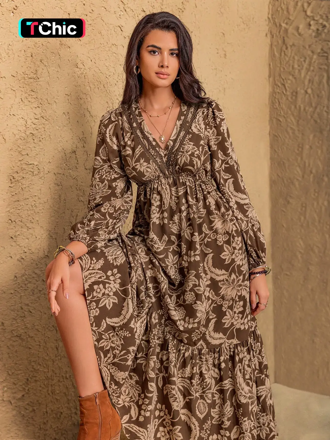 Women's Floral Print Contrast Lace Long Sleeve Ruffle Hem, Casual Boho Chic Bishop Sleeve V Neck A Line Dress for Vacation Holiday, Women's Clothes for Fall, Winter & Summer, Boho Dresses, Boho Elegance Style