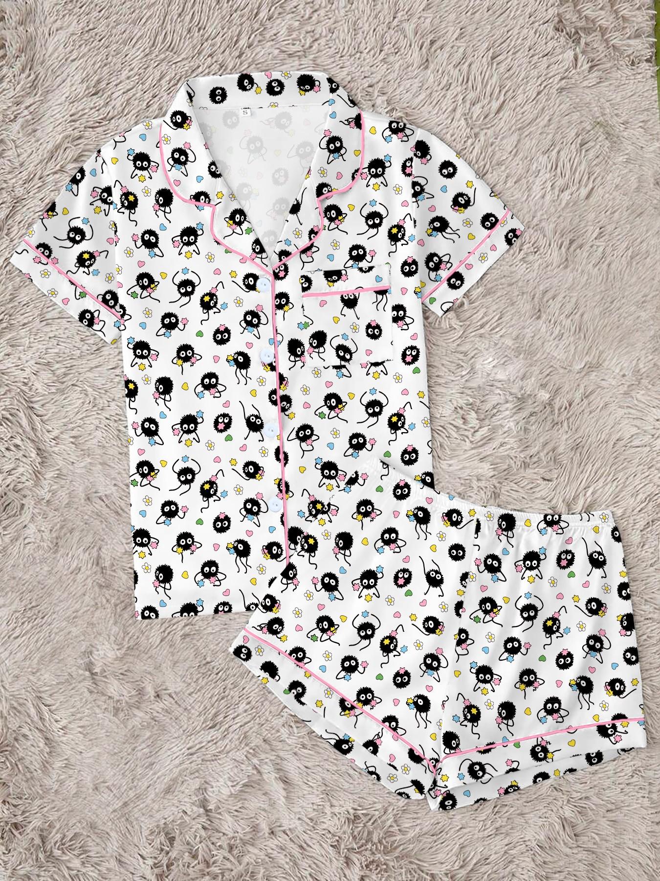 Cartoon Print Women's Pajama Set, Pjs, Comfortable Two-Piece, Short Sleeve Button-Up Top and Elastic Shorts, Casual Home Wear, Loungewear, Nightwear, Party Gift