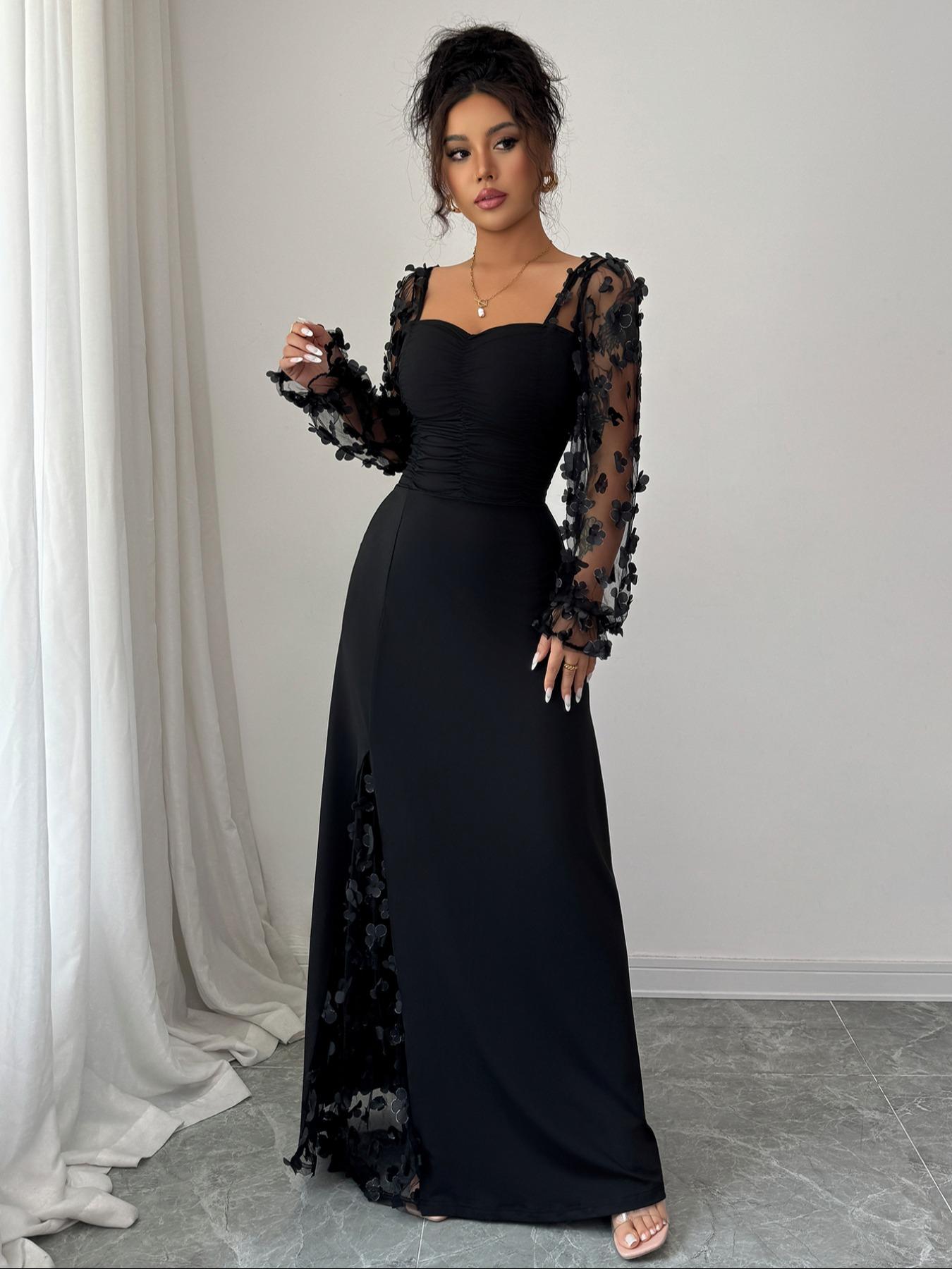 Pure Color Elegant Chic Square Neck Mesh Long Sleeve Split Design Dress, Fitted Plain Style, Perfect for Casual and Formal Occasions