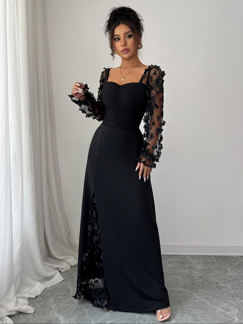 Pure Color Elegant Square Neck Mesh Long Sleeve Split Design Dress, Fitted Plain Style, Perfect for Casual and Formal Occasions