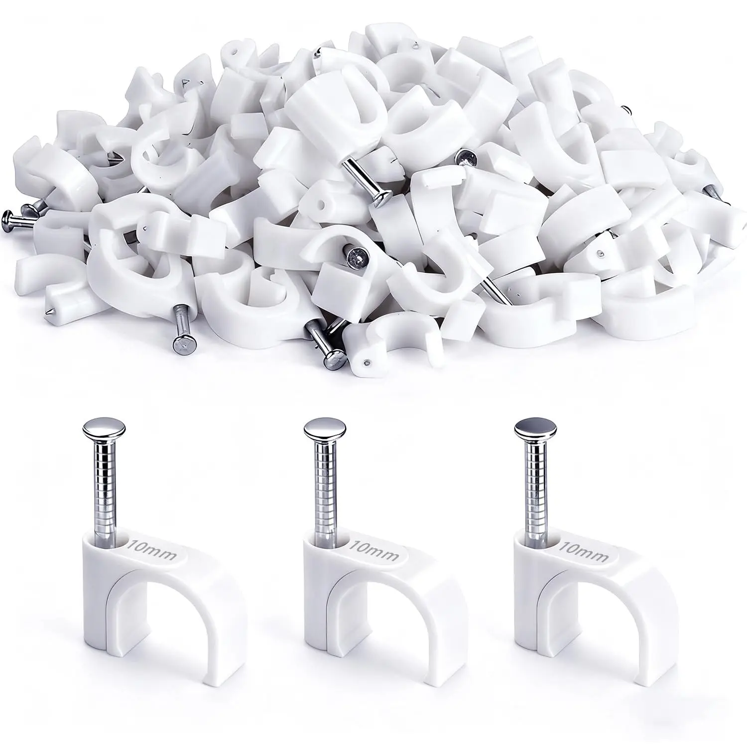 100PCS Cable Staples,10mm Cable Clips White,Cable Wire Clips Nail in Clips for Round Ethernet Cables Wall Clips Cable Tacks Electrical Wire TV Cable Speaker Wire Coax Clips (100Pcs 10mm)