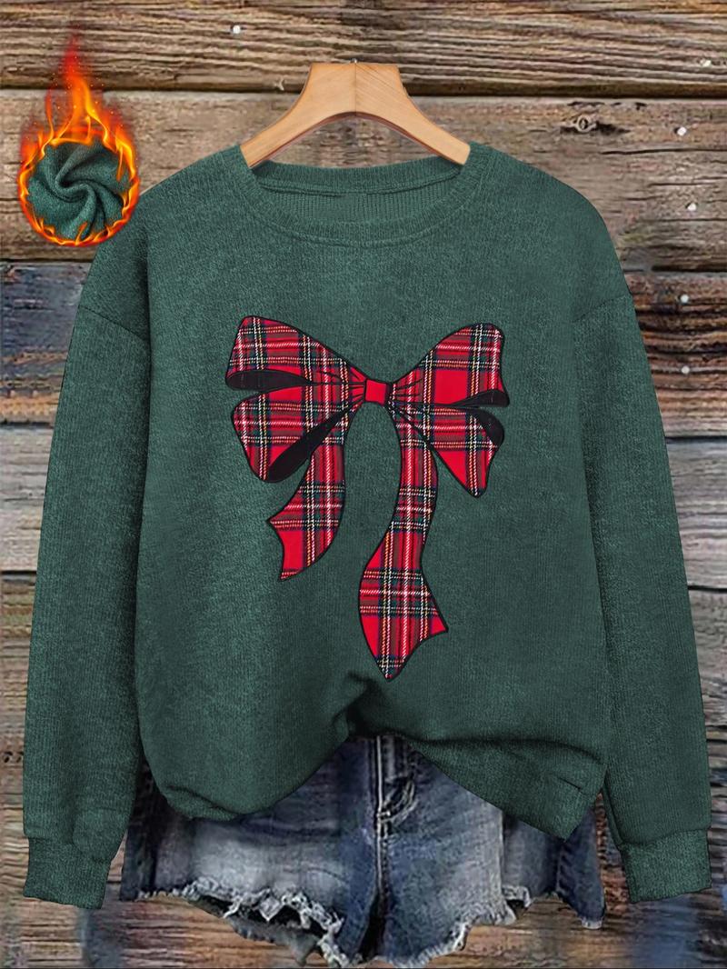 [Autumn and Winter] Red plaid bow print women's casual and fashionable round neck imitation wool top, pattern print comfortable round neck imitation wool top, suitable for autumn and winter season, a gift for mother