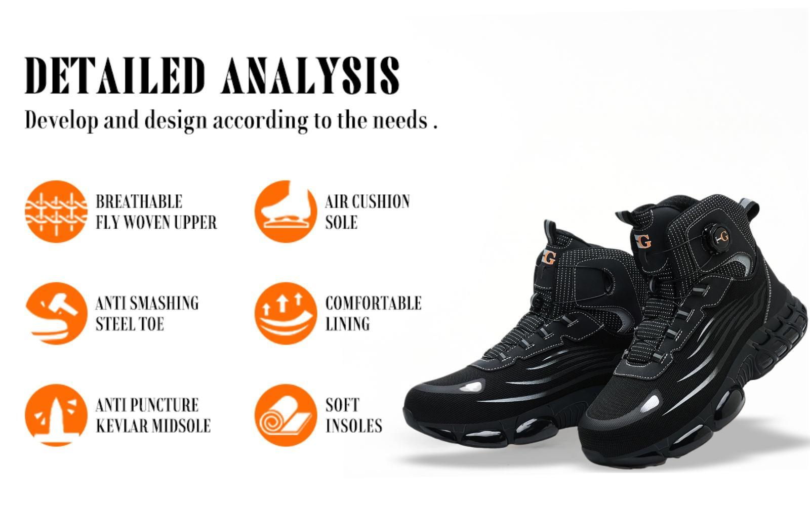 Men's Black Shoes Mid-Cut Steel Toe Puncture-Proof and Smash-Proof with Rotary Buckle Lace-Free Work Boots Non Slip Suitable for Outdoor Work Blue Collar Industrial Construction Protective New Fashion Safety Sneakers Fathersdaygift