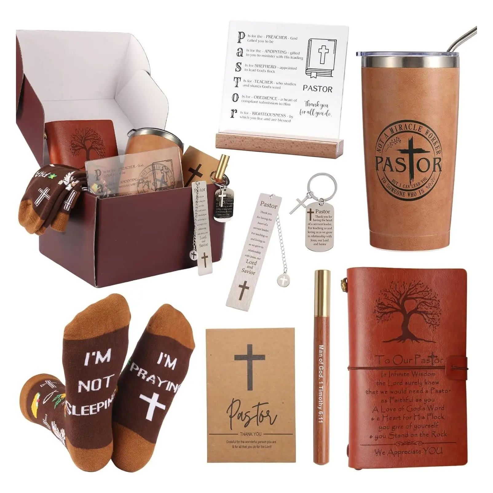 Pastor Appreciation Gift Set for Men - Christian Pastor Gifts with Leather Journal, Tumbler, Keychain, Socks, Acrylic Medal, Pen, Bookmarks & Card - Unique Birthday Christmas Gift for PastorsGift