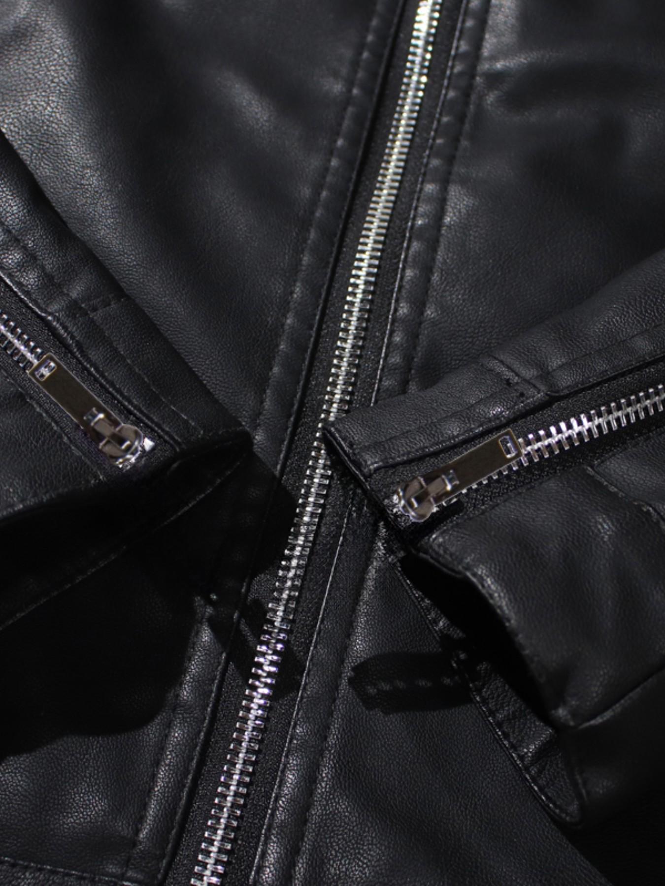 Men's Stand Collar Slim-Fit Faux Leather Motorcycle Jacket, Zip Closure, Long Sleeve, Casual Spring Fall Outerwear, Windproof PU Coat