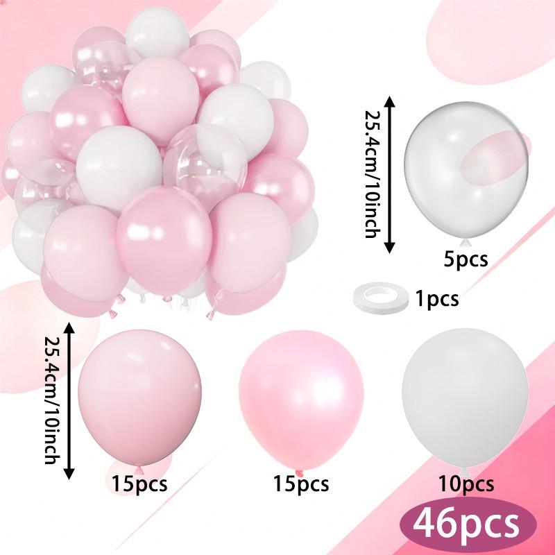 46 piece set of pink balloon combinations, including matte white, maca powder, pearl powder, and transparent latex balloons, suitable for birthday parties, wedding decorations, bridal farewell parties, and anniversary celebrations
