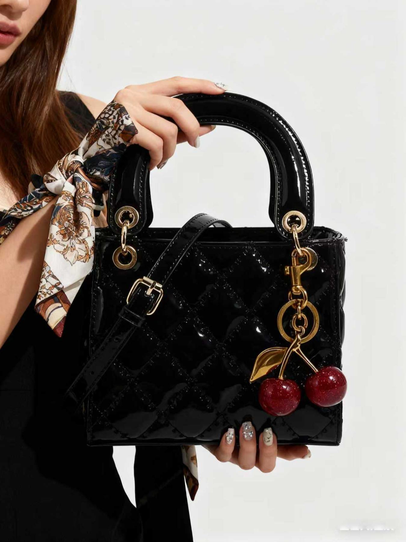 Checkered Bag with Cherry Charm, Fashionable Versatile Handbag, Elegant Women's Shoulder Crossbody Bag, Casual Style, Casual Handbag Satchel, Handheld Bag Purse