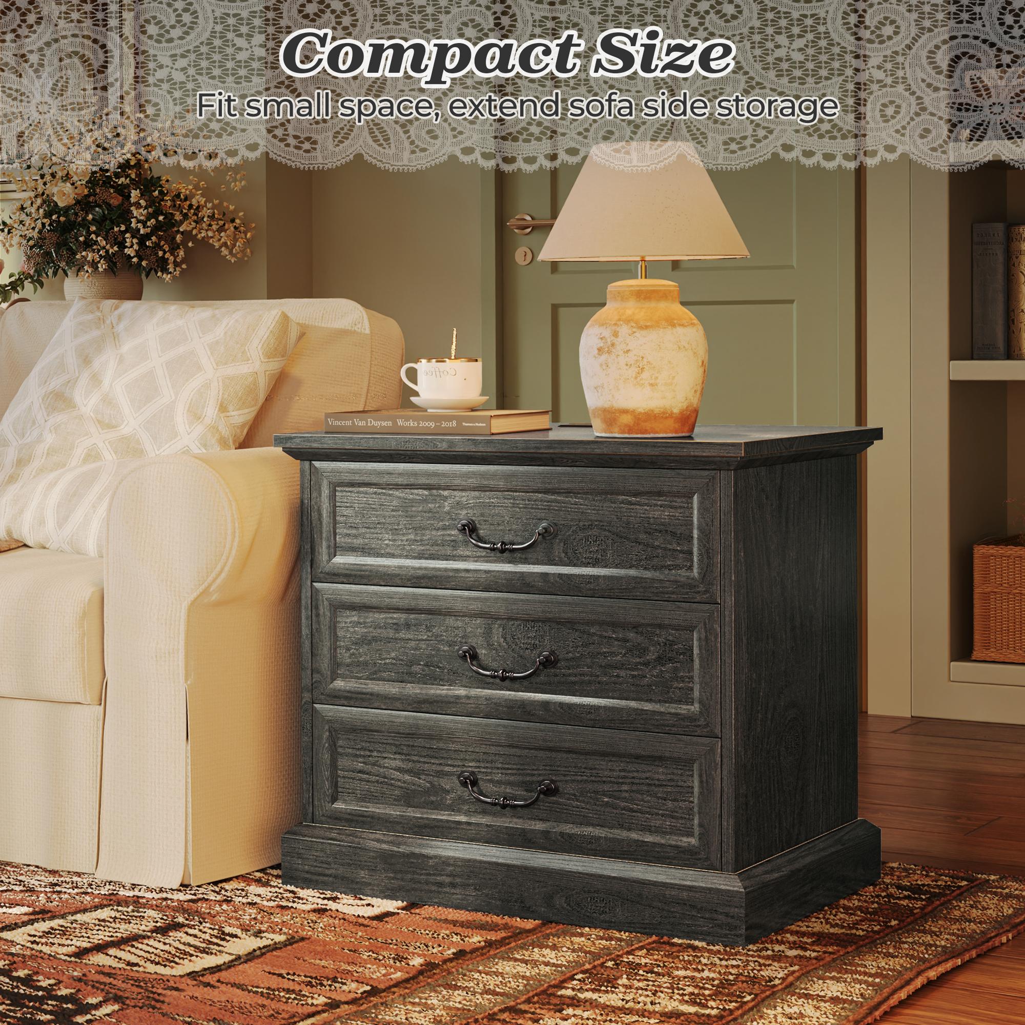 Huuger Nightstand with Charging Station, 3 Drawer Night Stand, 22 Inch Wider Side Table with Storage, Farmhouse Nightstand with Vintage Handles, Thicken Base, for Bedroom