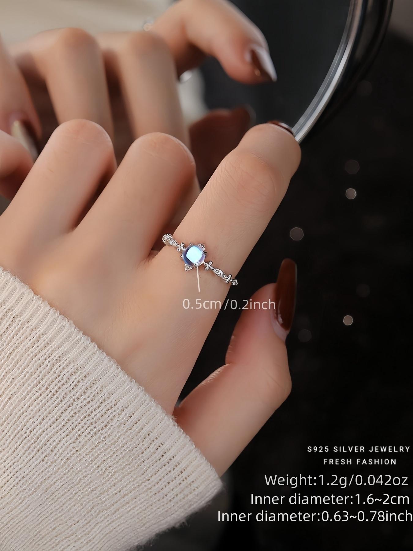 925 Sterling Silver Fashion Blue Moonstone Decorated Cuff Ring, Statement Ring, Vintage Adjustable Ring for Women, Casual Jewelry for Party, Daily Decor, Trendy for Gift