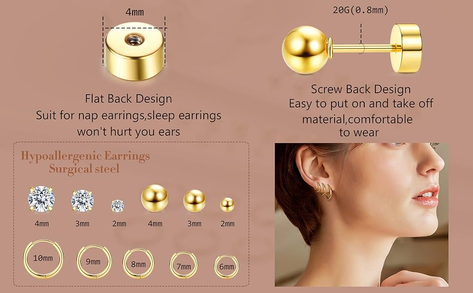 11 Pairs Silver Color Creole Earrings, Small Round Zirconia Ball, 14k Gold Plated, Medical Earrings for Women and Girls, All Seasons